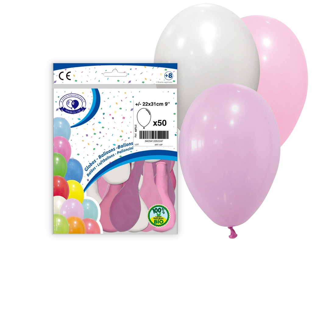 BOLSA 50 GLOBOS MIX ROSA-ROSA CHICLE-BLANCO