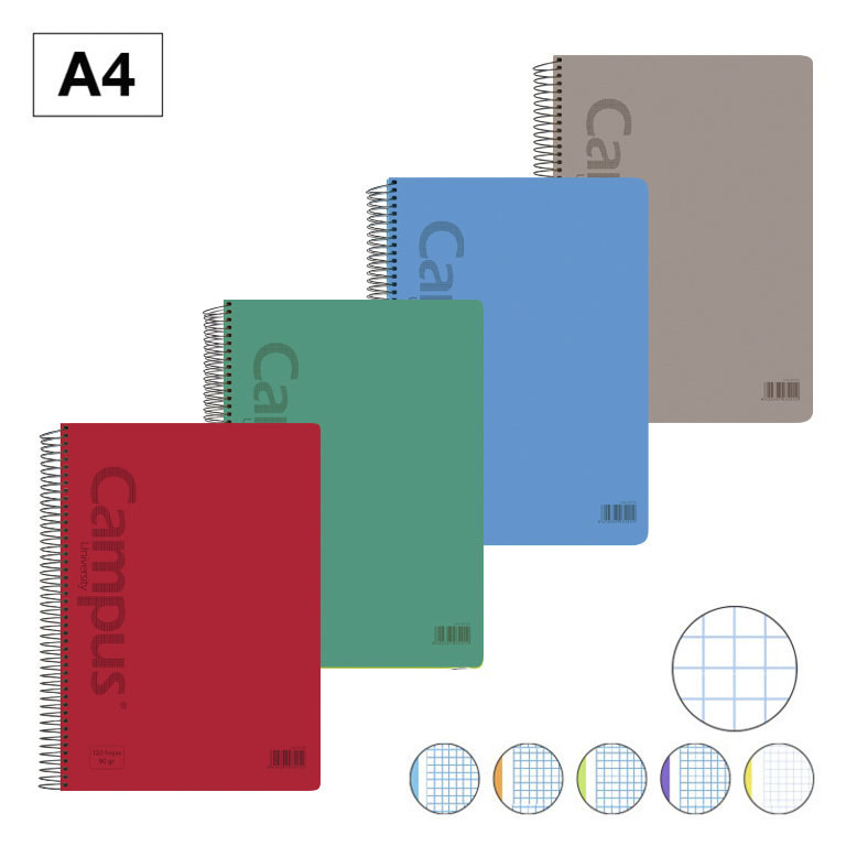 BLOC ESPIRAL CAMPUS A4 TAPA PLASTICO MICROPERFORADO 120 HOJAS 90G CUADRICULA 5MM