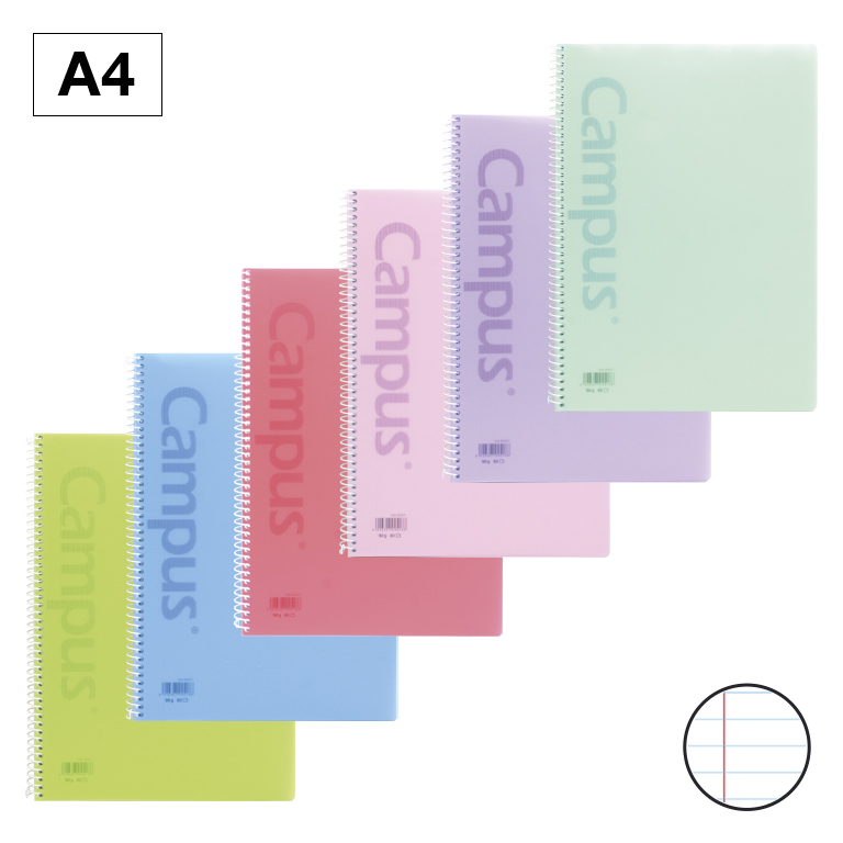 BLOC ESPIRAL CAMPUS A4 TAPA PLASTICO 80 HOJAS 90G RAYADO HORIZONTAL DOBLE MARGEN PASTEL