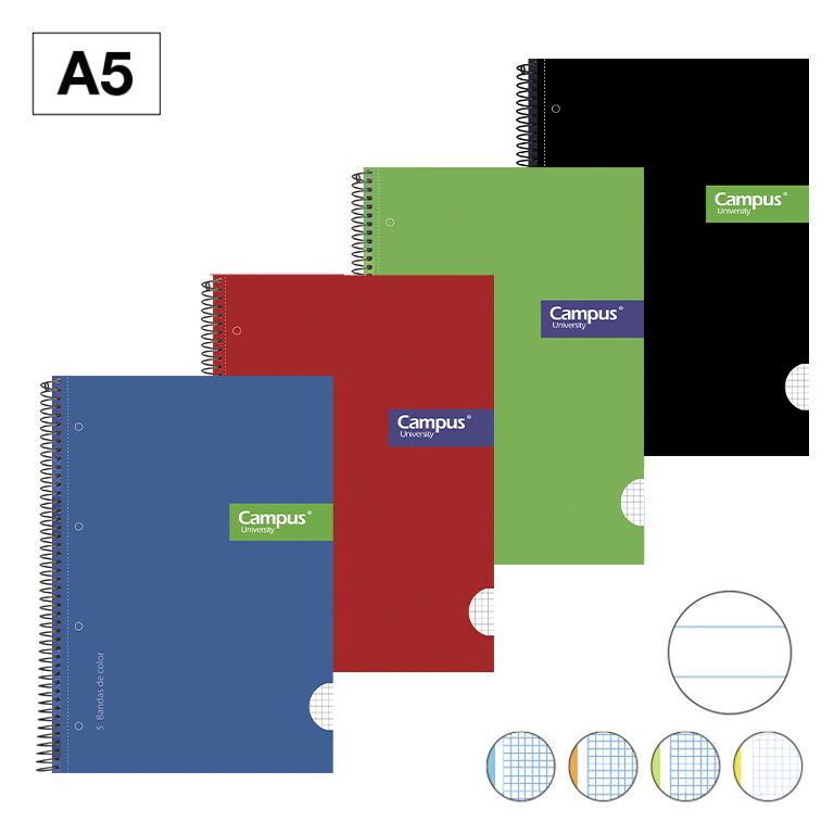 BLOC ESPIRAL CAMPUS A5 TAPA EXTRADURA MICROPERFORADO 160 HOJAS 70G RAYADO HORIZONTAL