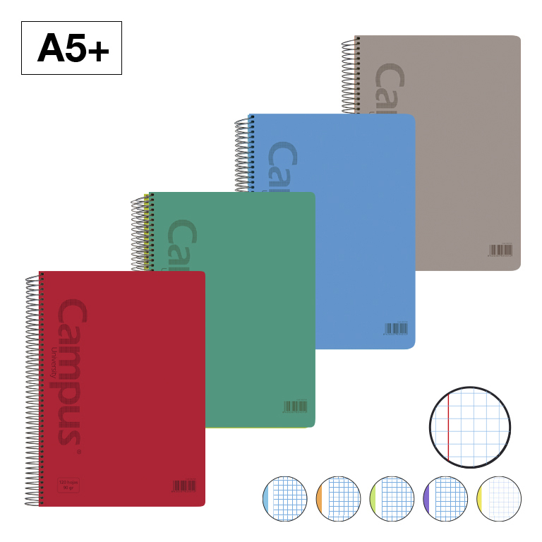 BLOC ESPIRAL CAMPUS A5+TAPA PLASTICO MICROPERFORADO 120 HOJAS 90G CUADRICULA 5MM