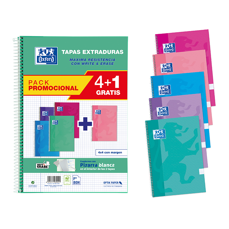 BLOC ESPIRAL OXFORD FOLIO TAPA EXTRADURA 80 HOJAS CUADRICULA 4 MM PACK 4+1