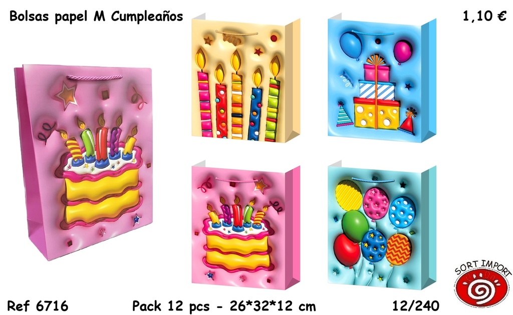 BOLSAS PAPEL M SIMIL 3D CUMPLEAÑOS 6716