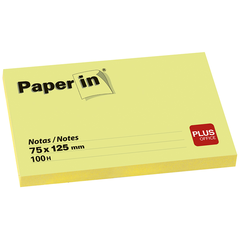 BLOC NOTAS ADHESIVAS PAPER IN PLUS OFFICE 75X125 MM AMARILLAS 100 HOJAS
