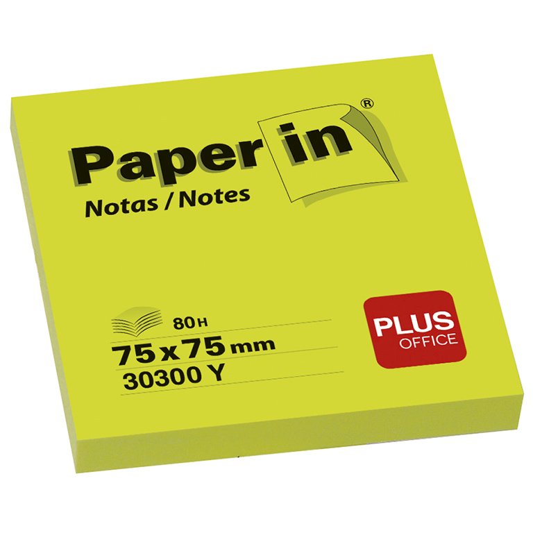 BLOC NOTAS ADHESIVAS PAPER IN PLUS OFFICE 75X75 MM AMARILLO FLÚOR 80 HOJAS