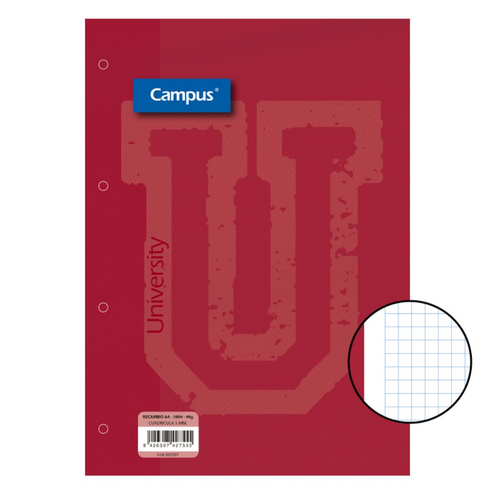 RECAMBIO CAMPUS A4 100 HOJAS 90G CUADRICULA 5 MM BANDA ROJA