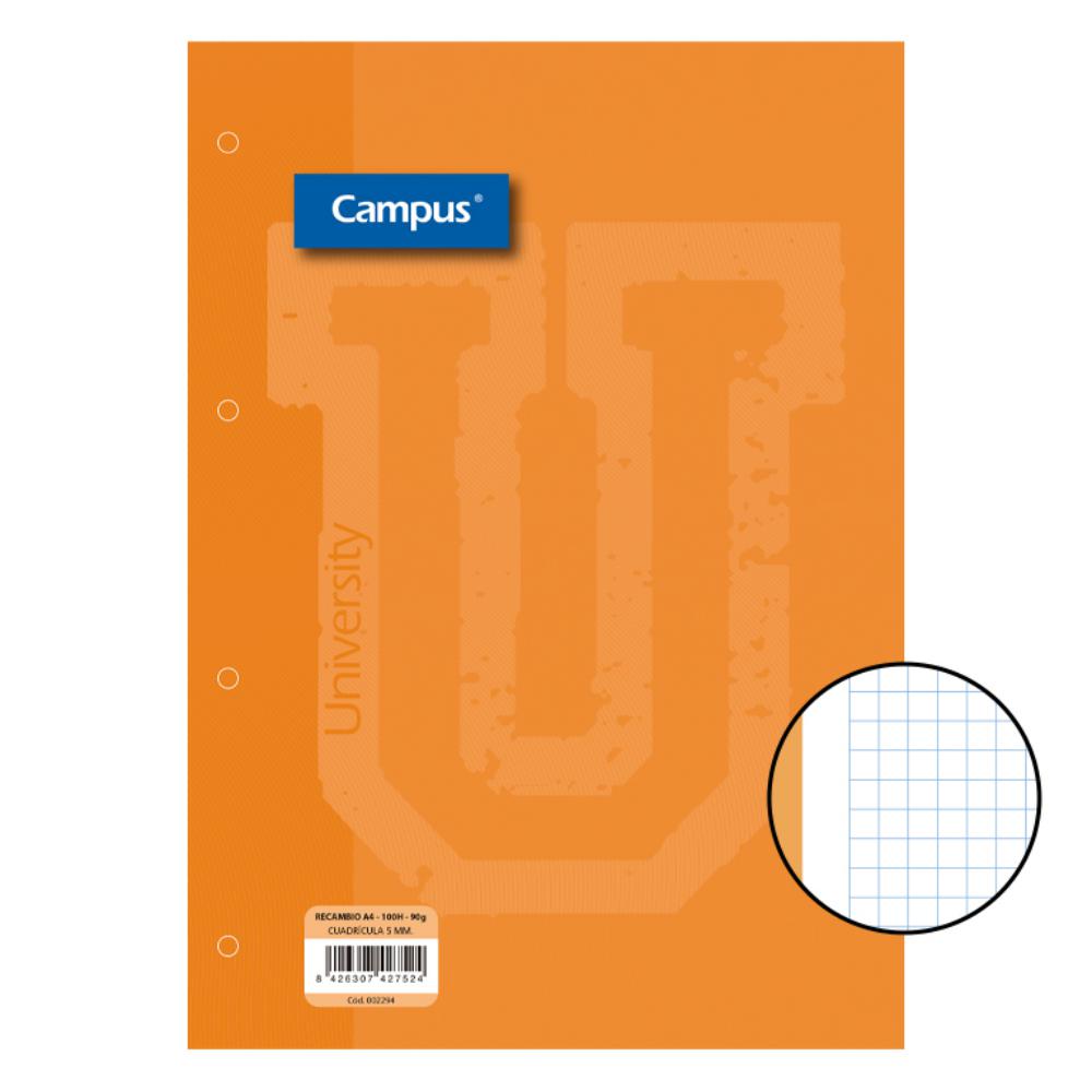 RECAMBIO CAMPUS A4 100 HOJAS 90G CUADRICULA 5 MM BANDA NARANJA