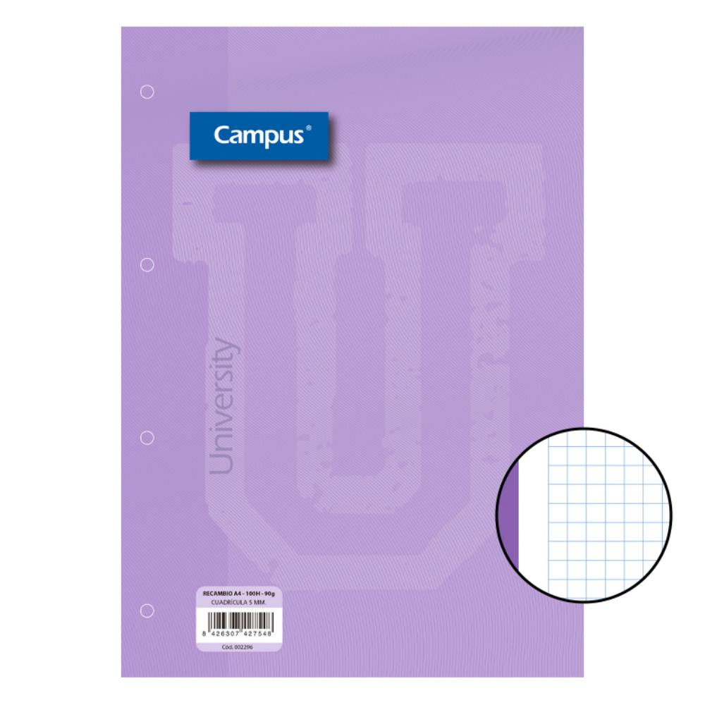RECAMBIO CAMPUS A4 100 HOJAS 90G CUADRICULA 5 MM BANDA VIOLETA