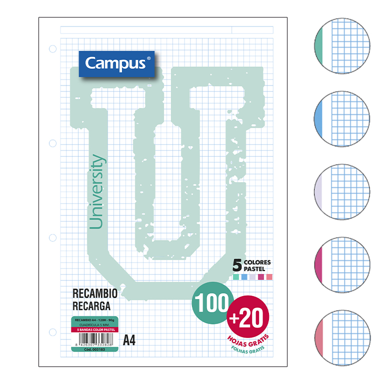 RECAMBIO CAMPUS A4 100+20H 90G 5 MM BANDAS COLORES PASTEL