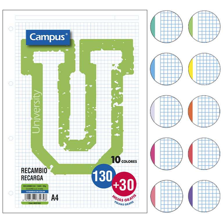 RECAMBIO CAMPUS A4 130+30H 90G 5 MM BANDAS COLORES VIVOS+PASTEL