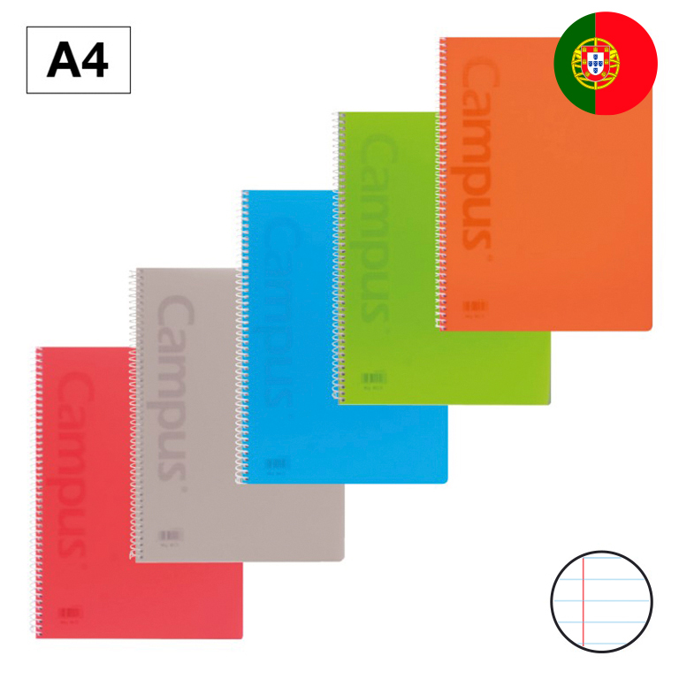 BLOC ESPIRAL CAMPUS A4 TAPA PLASTICO 80 HOJAS 90G RAYADO HORIZONTAL DOBLE MARGEN COLORES TENDENCIA