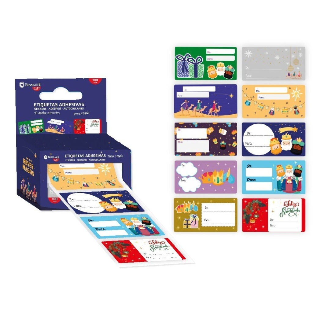 CAJA 100 ETIQUETAS ADH. REYES MAGOS