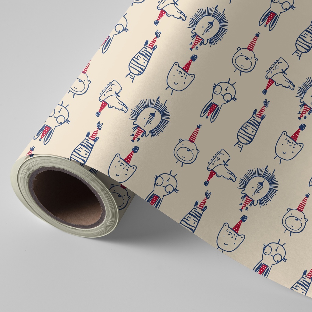 PAPEL REGALO BOBINA 62CM INFANTIL FAUNA FIESTERA C