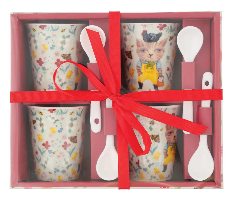 JGO.4 TAZAS A JUEGO C/CUCHARAS DE GATO