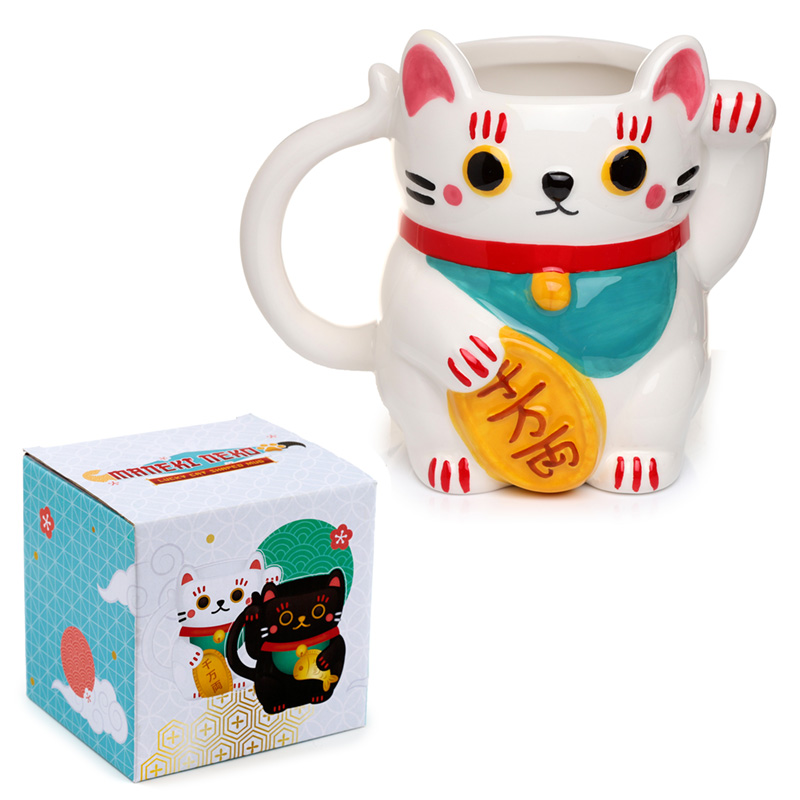 TAZA DE CERAMICA 3D C/FORMA GATO MANEKI NEKO BLANCO