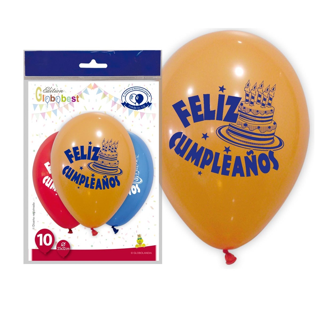 BOLSA 10 GLOBOS FELIZ CUMPLEAÑOS CON TARTA
