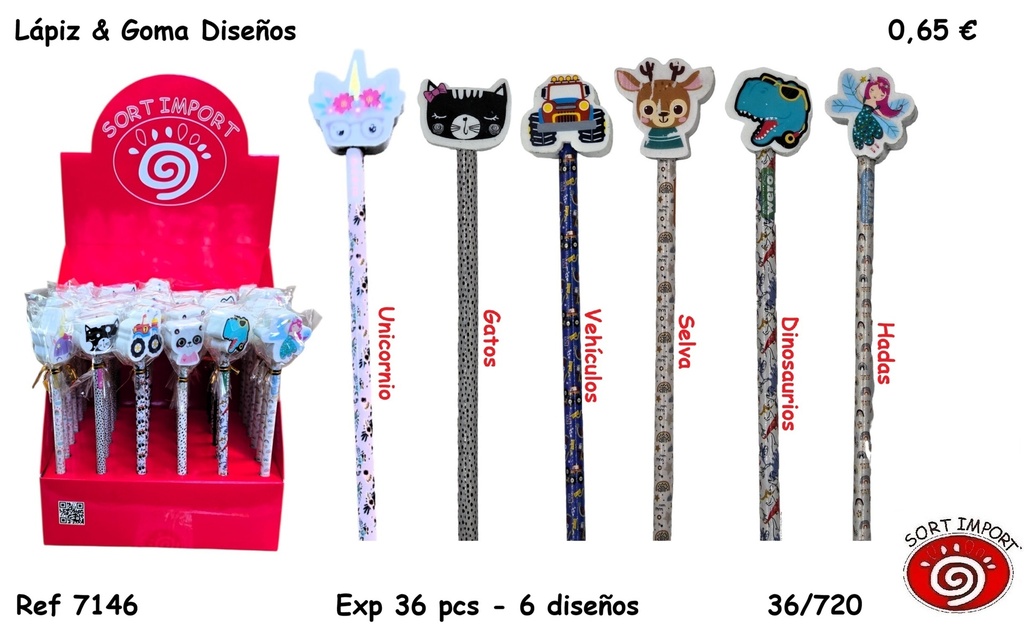 LAPIZ CON GOMA 6 DISEÑOS