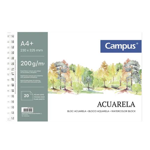 BLOC DIBUJO CAMPUS ACUARELA A4+ ESPIRAL MICROPERF. 20H 200G LISO