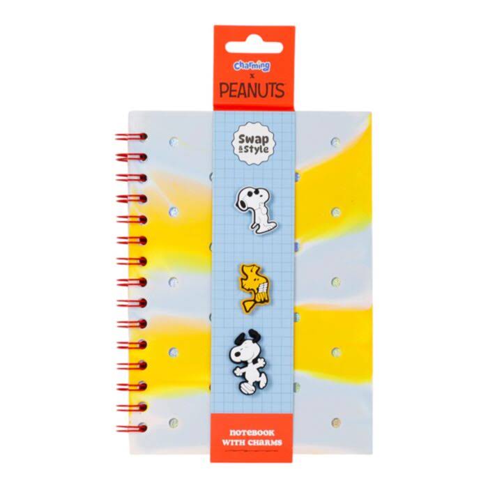 LIBRETA A5 DE PAPEL RECICLADO A RAYAS CON CHARMS DE PEANUTS SNOOPY & WOODSTOCK
