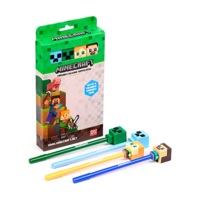 SET DE 4 BOLIGRAFOS BORRABLES CON TOPE DE SILICONA CHIBI DE MINECRAFT