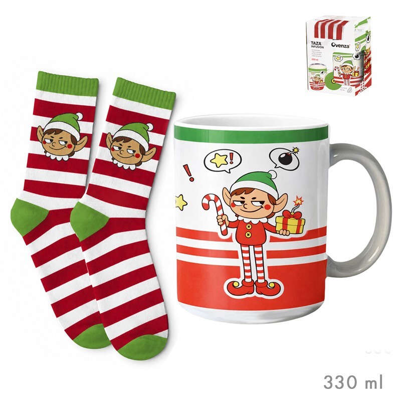 TAZA CON CALCETIN EN CAJA ELFO TRAVIESO