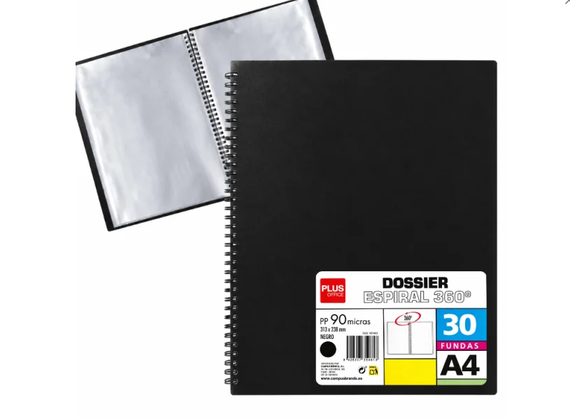 CARPETA DOSSIER PLUS OFFICE ESPIRAL A4 30 FUNDAS NEGRO