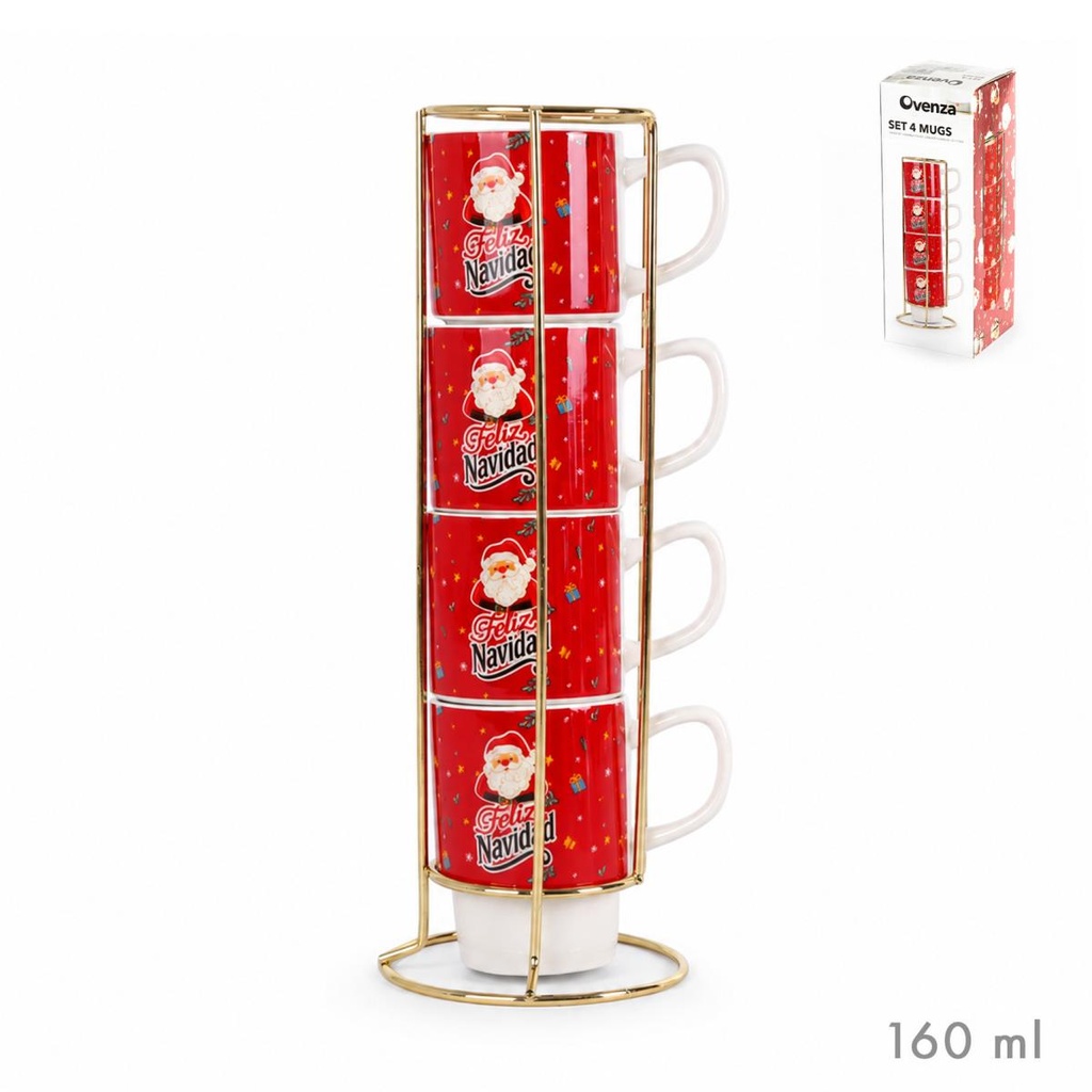 SET 4 TAZAS CAFE M SOPORTE ORO PAPA NOEL