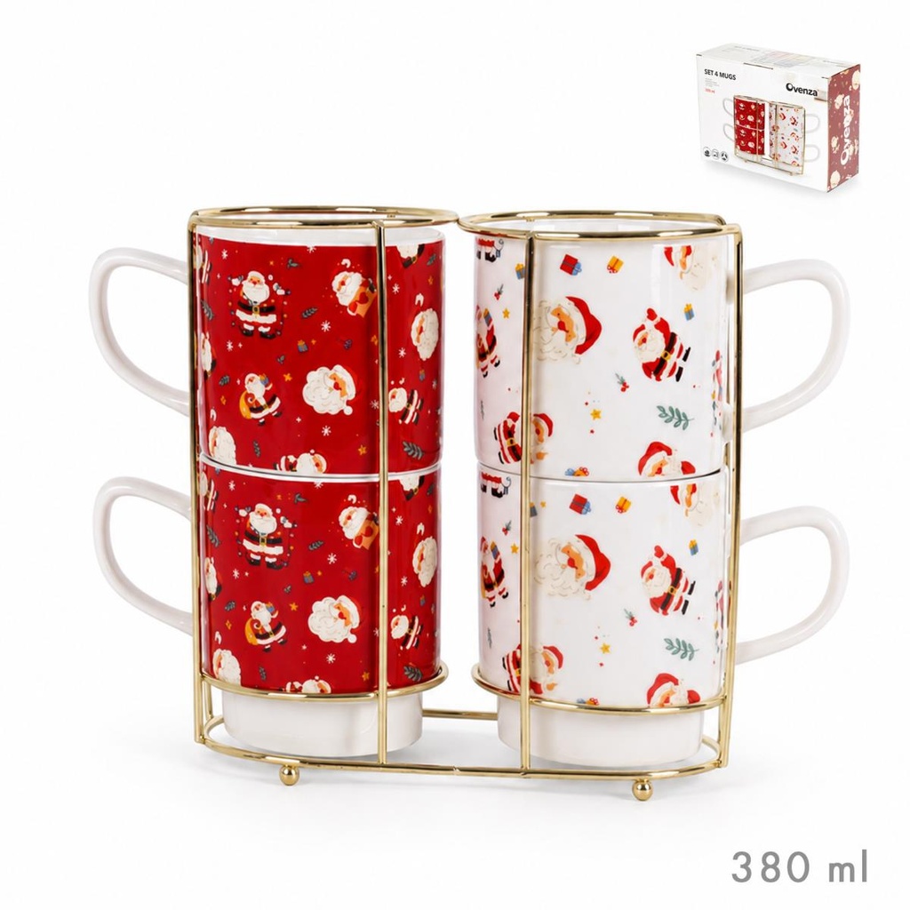 SET 4 TAZAS CAFE L SOPORTE DORADO PAPA NOEL SURT