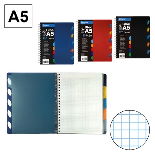 [001767] BLOC ESPIRAL CAMPUS UNIVERSITY A5 TAPA PLASTICO 120 HOJAS 70G CUADRICULA 4MM