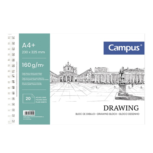 [600659] BLOC DE DIBUJO CAMPUS DRAWING A4+ ESPIRAL MICROPERFORADO 20 HOJAS 160G. LISO