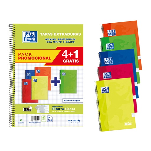 [029138] BLOC ESPIRAL OXFORD FOLIO TAPA EXTRADURA 80 HOJAS CUADRÍCULA 4 MM PACK 4+1