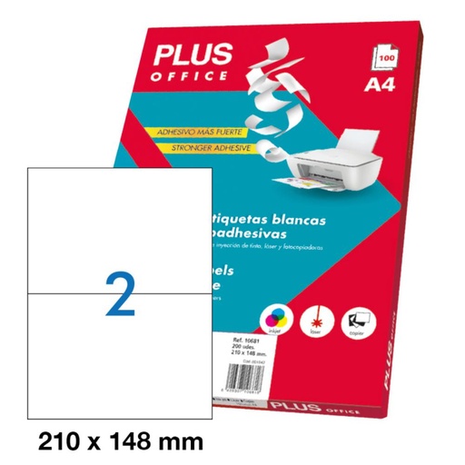 [001542] ETIQUETAS AUTOADHESIVAS PLUS OFFICE 210 X 148 MM CANTOS RECTOS 2 X HOJA CAJA 100 HOJAS