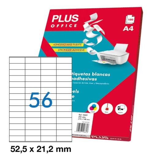 [001638] ETIQUETAS AUTOADHESIVAS PLUS OFFICE 52,5 X 21,2 MM CANTOS RECTOS 56 X HOJA CAJA 100 HOJAS
