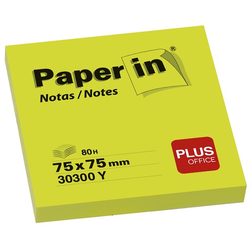 [001208] BLOC NOTAS ADHESIVAS PAPER IN PLUS OFFICE 75X75 MM AMARILLO FLÚOR 80 HOJAS