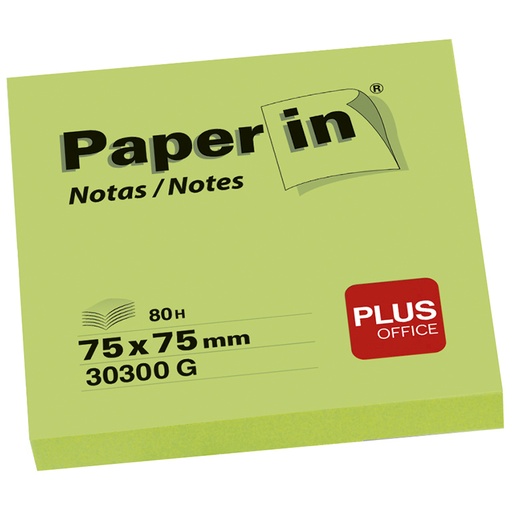 [001209] BLOC NOTAS ADHESIVAS PAPER IN PLUS OFFICE 75X75 MM VERDE FLUOR 80 HOJAS