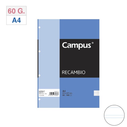 [001126] RECAMBIO CAMPUS A4 100H 4T 60G DOBLE RAYA 2,5 MM