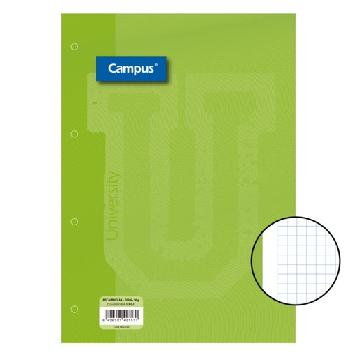 [002295] RECAMBIO CAMPUS A4 100 HOJAS 90G CUADRICULA 5 MM BANDA VERDE
