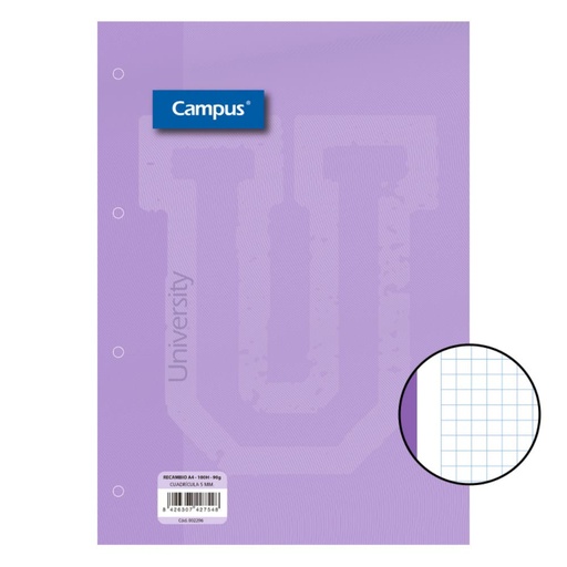 [002296] RECAMBIO CAMPUS A4 100 HOJAS 90G CUADRICULA 5 MM BANDA VIOLETA
