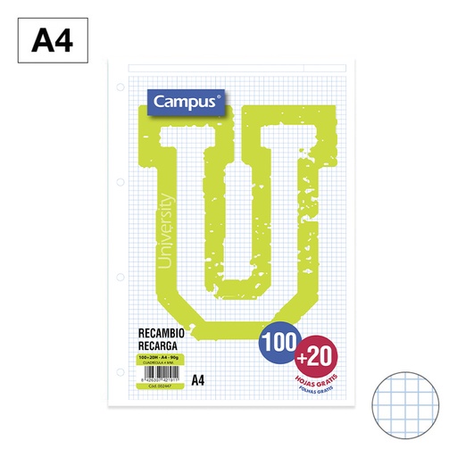 [002447] RECAMBIO CAMPUS A4 100+20 HOJAS 90G CUADRICULA 4 MM TURQUESA