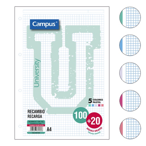 [003183] RECAMBIO CAMPUS A4 100+20 HOJAS 90G CUADRICULA 5 MM BANDAS COLORES PASTEL