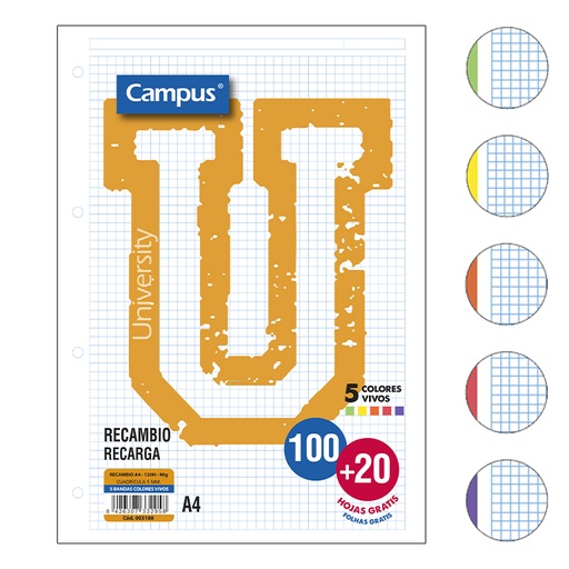 [003188] RECAMBIO CAMPUS A4 100+20 HOJAS 90G CUADRICULA 5 MM BANDAS COLORES VIVOS
