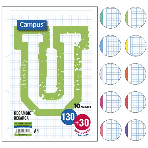 [003182] RECAMBIO CAMPUS A4 130+30 HOJAS 90G CUADRICULA 5 MM BANDAS COLORES VIVOS+PASTEL