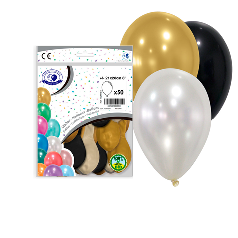 [1019066] BOLSA 50 GLOBOS MIX I PLATA-ORO-NEGRO