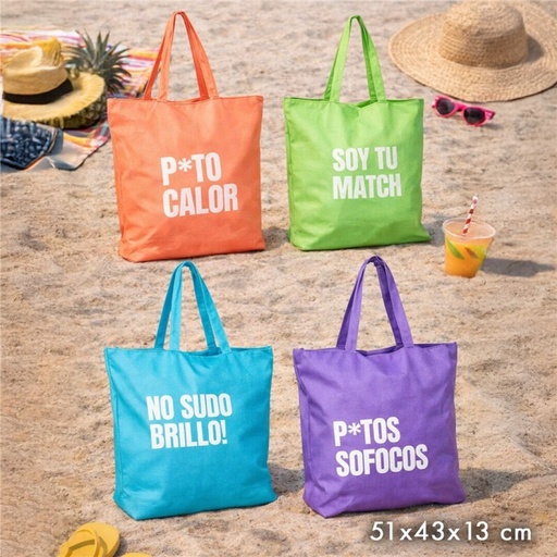 [999576] BOLSA PLAYA FRASES CALOR-ES 51X13X43CM SURT/4