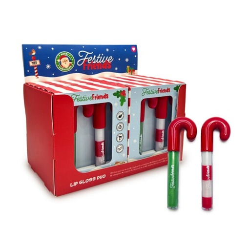 [1000356] SET DE 2 BRILLOS DE LABIOS EN FORMA DE BASTON DE NAVIDAD FESTIVE FRIENDS