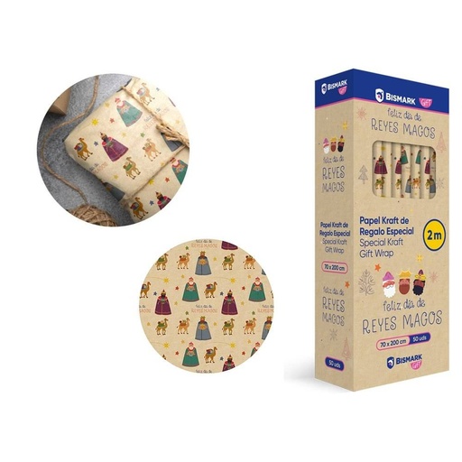 [001429] PAPEL DE REGALO KRAFT REYES MAGOS FRASE 70X200 50UD