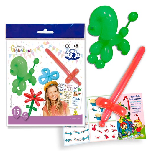 [001886] BOLSA 15 GLOBOS DE MODELAR 5X140 CM COLORES SURTIDOS CON MANUAL