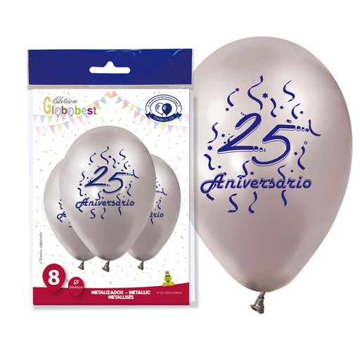 [001920] GLOBOS 25 ANIVERSARIO PLATA METALIZADO 11" BOLSA DE 8UD