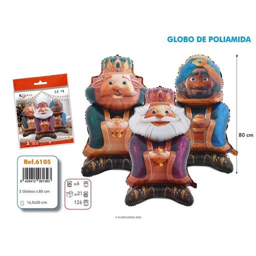 [001945] GLOBO POLIAMIDA 3 REYES MAGOS 80CM BOLSA 3UD