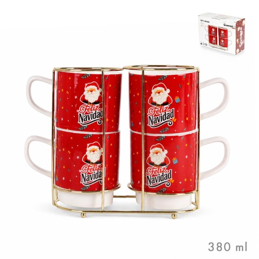 [002073] SET 4 TAZAS CAFE L SOPORTE ORO PAPA NOEL